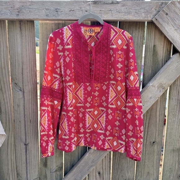 Tory Burch Printed Batik Orange and Pink Boho Tassel Lace Detail Popover Blouse - Picture 1 of 8